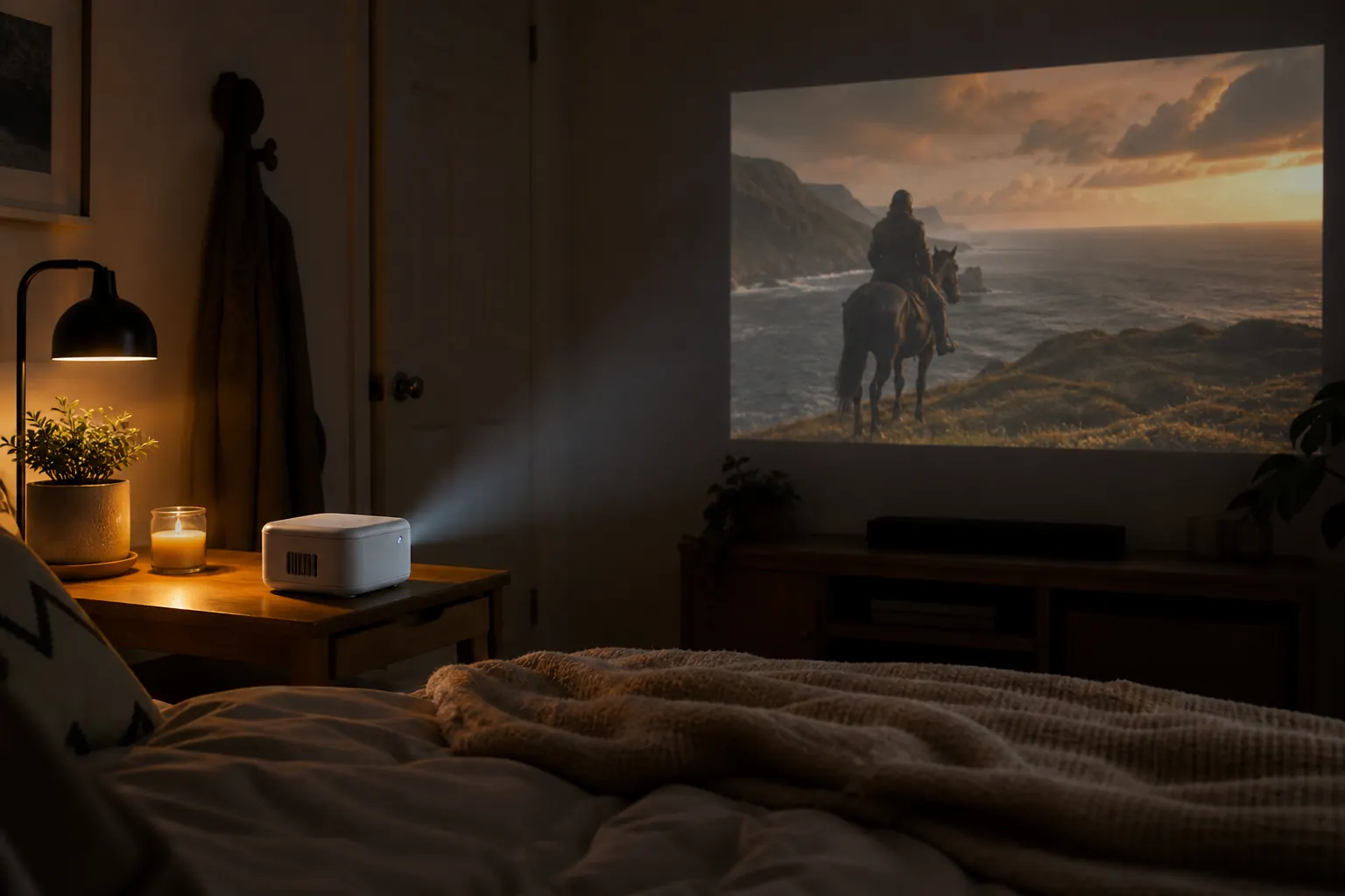 HY300 projector casting a movie onto a bedroom wall in a dimly lit room