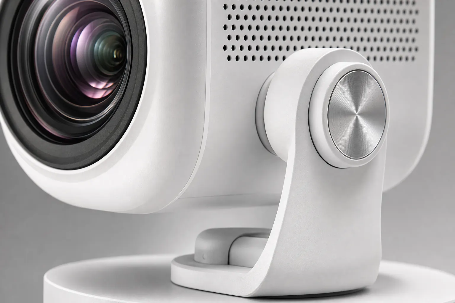 Close-up of HY300 projector lens and 180-degree rotating stand mechanism